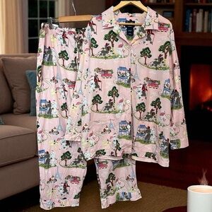 Nick & Nora Pink Scenic Print Cotton Pajama Set with Multicolor Illustrations
